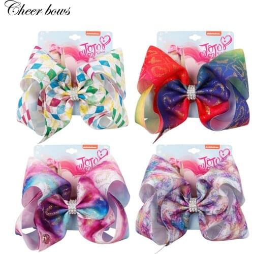 8" Hair Accessories Rainbow Jumbo Hair Clips for Girls Rainbow Printed Grosgrain Ribbon Hair Bows with Rhinestone Hairgrips Kids