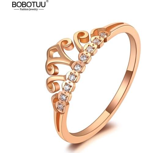 BOBOTUU Trendy CZ Crystal Crown Wedding Ring Jewelry Stainless Steel Rose Gold Rhinestone Ring For Women Кольцо Женское BR20045