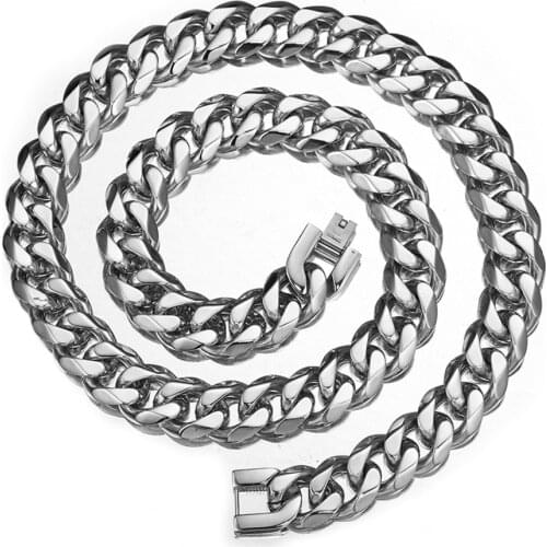 15mm Fashion Jewelry Stainless Steel Silver Color Necklace Or Bracelet Bangle Curb Cuban Chain Mens Unisexs Biker Gift 7-40"