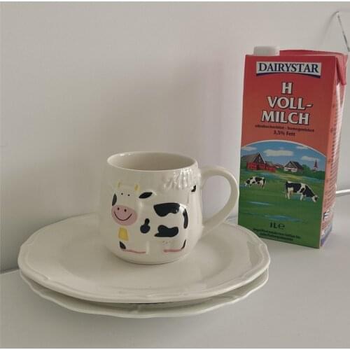 Cutelife INS Nordic Cute Cow White Ceramic Mug Breakfast Drinkware Tea Milk Coffee Cup Kitchen Couple Gifts Creative Handle Cup