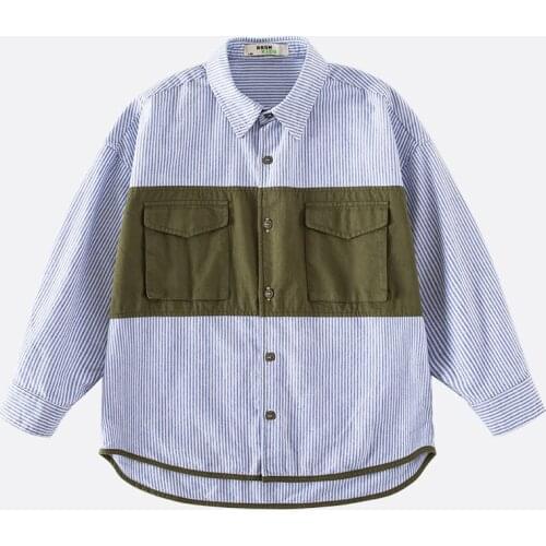 Childrens Clothing 2021 Autumn New Teen Boy Korean Striped Splicing Shirts Kids Long Sleeve Blouse Fashion Shirts for Big Boys