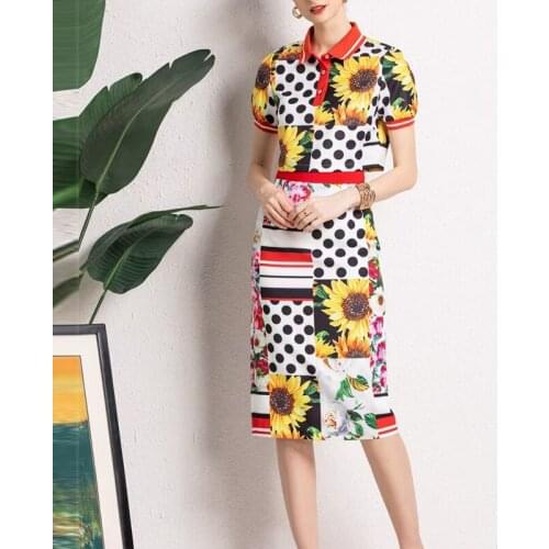 Designer Fashion Summer Skirt Set Women Short Sleeve Tees+High Waist Skirt Sunflowers Dot Printed Two Pieces Set