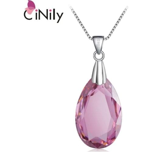 CiNily Pink & London Blue Stone Long Necklace & Pendant White Gold Color Tear Drop Dangle Big Charm Wedding Jewelry Women Grils