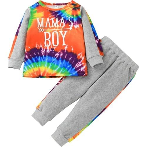 Children Autumn Boy Clothes Set Boys Tie-dye Letter Printed Long Sleeve O-neck T-shirt + Elastic Waist Trousers