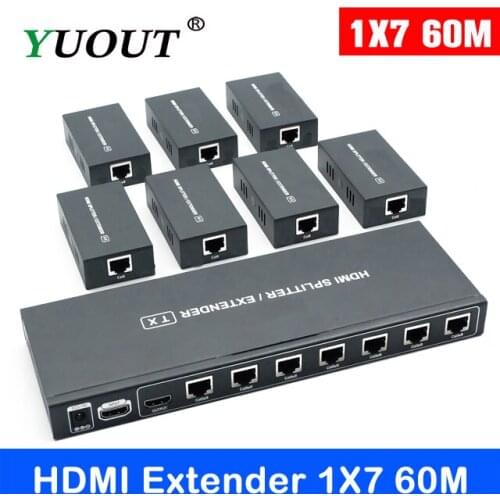 HDMI Splitter Extender Matrix Box 1 TX 7 RX Transmitter Receiver Amplifier Up to 60m RJ45 UTP POC & EDID over Cat5e/6/7 IR