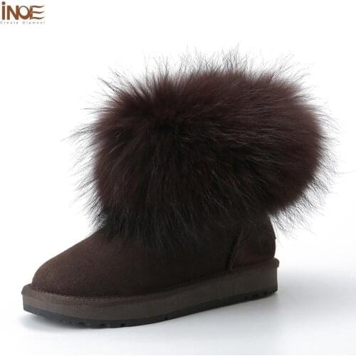 INOE Fashion Girls Fox Fur Cow Suede Leather Ankle Women Winter Boots for Woman Short Snow Boots Keep Warm Shoes Black Brown