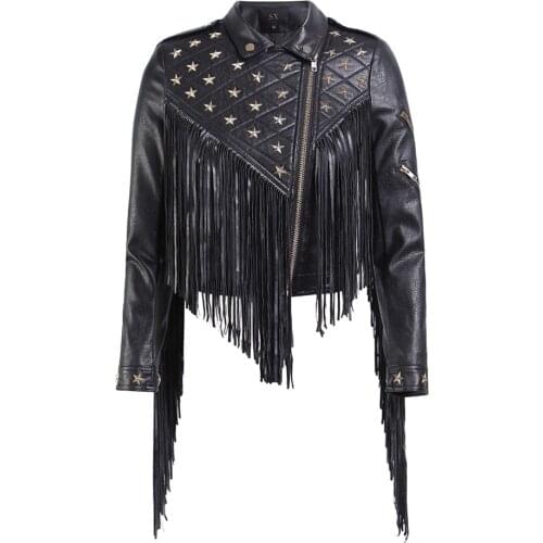 SX NEW Autumn winter Streetwear zipper Jacket Women Hand-studded Star Rivet Tassel Chain Short Jacket Loose Black casual Coats