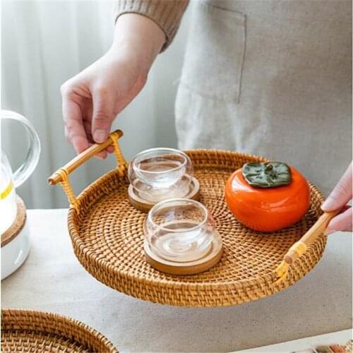 Breakfast Tray Rattan Bread Fruit Food Storage Display Round Basket with Handle Wicker Basket
