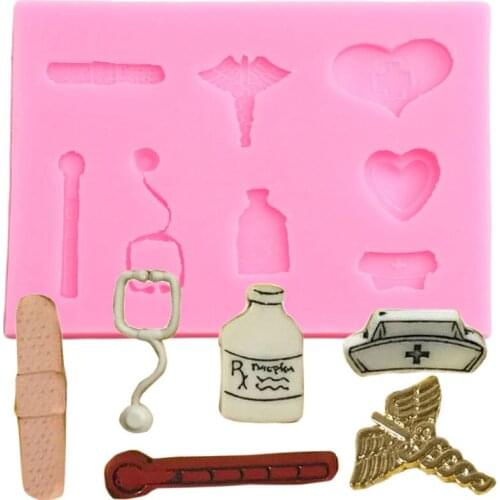 Medicine Series Cupcake Topper Fondant Mold Thermometer And Stethoscope Silicone Cake Decorating Tools Candy Clay Chocolate Mold