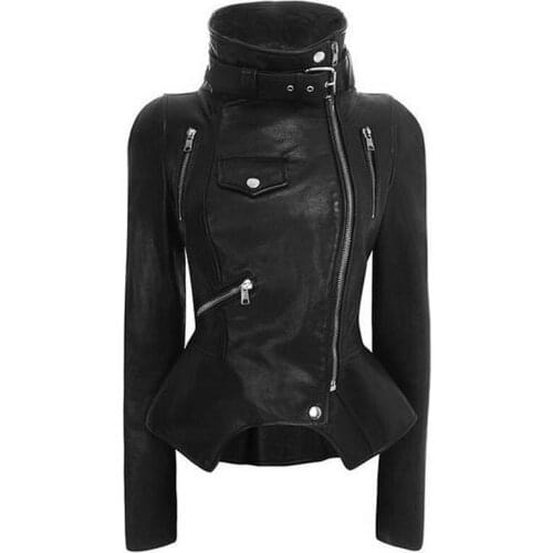 Motorcycle Biker Jacket Women Black Punk Solid Color Tops Lapel Slim Zipper Short Leather Clothes