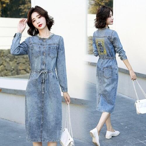 New Spring Autumn Women Dresses Back Embroidery O-Neck Causal Collect Waist Slim Long Sleeve Jeans For Females Denim One-Piece