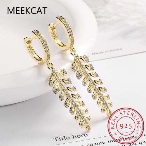 MEEKCAT New Arrival Long Leaf Tropical Plant Inlaid Zircon Hoop Earrings Charm 925 Sterling Silver Gold Fine Jewelry