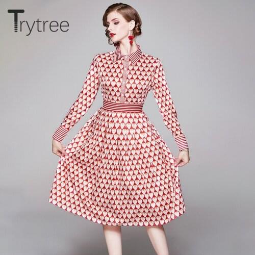 Trytree Autumn Winter Women Casual Dress Turn-down Collar Single Breasted Fashion Elegant Pink Love Knee-Length A-line dress
