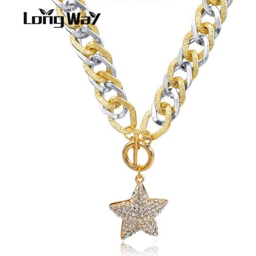 LongWay Crystal Star Pendant Necklace Long Gold Color Chains Statement Necklace 2019 For Women Silver Color Jewelry SNE150780