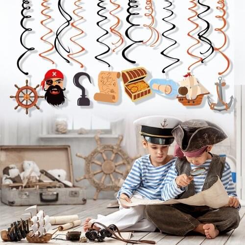 Happy Birthday Caribbean Pirate Hanging Swirls Baby Shower Nautical Pirate Ceiling PVC Foil Spirals Kids Party Decoration Favors