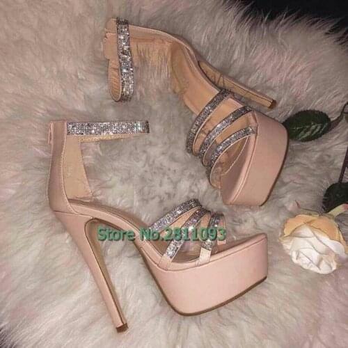 Women Shoes Platform Sandals in High Thin Heels with Crystal Embellished Narrow Band Ankle Buckle Strap Summer Big Size