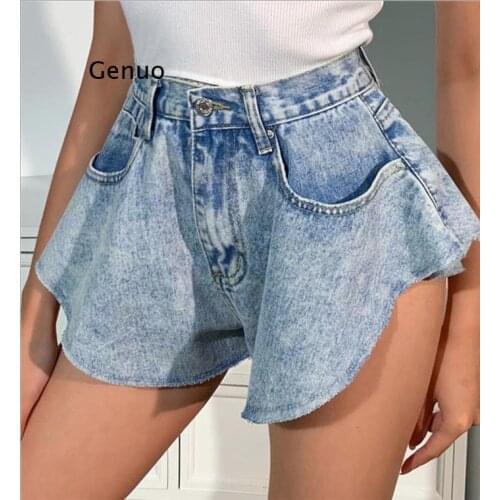 Casual Denim Shorts Skirts Women High Waist Ruffle Hem Loose Ruched Short Pants Female Fashion Clothing 2021 Summer Tide