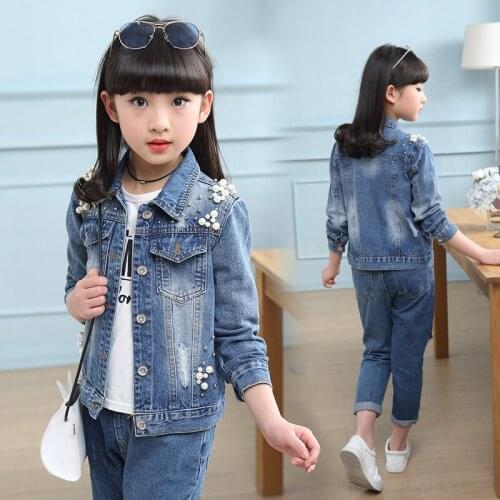 Special Offer Girls Fashion Denim Jacket With Pearls Spring Children Beading Spliced Clothes Outerwear Kids Cute Casual Coat B53