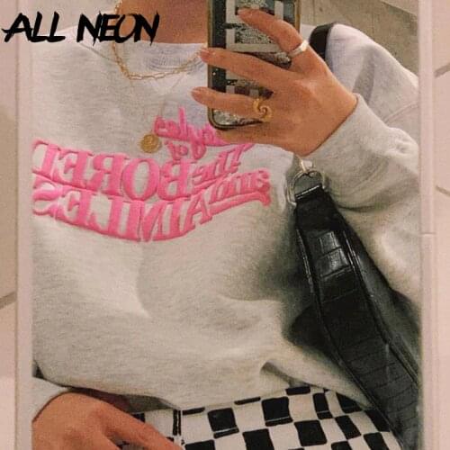 ALLNeon Y2K Fashion Letter Printing Oversized Sweatshirts E-girl Vintage 90s Crewneck Long Sleeve Loose Grey Tops Autumn Outfits