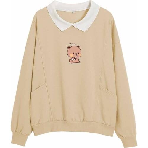 Cute Bear Collared Sweatshirt Kawaii Hoodie Graphic Sweatshirts Pullover Top Fashion Clothes Womens Winter Tops Long Sleeves