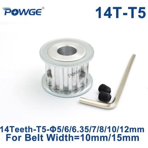 POWGE Trapezoid 14 Teeth T5 Timing Synchronous pulley Bore 5/6/6.35/7/8/10/12mm for belt width 10mm/15mm Gear Wheel 14T 14teeth