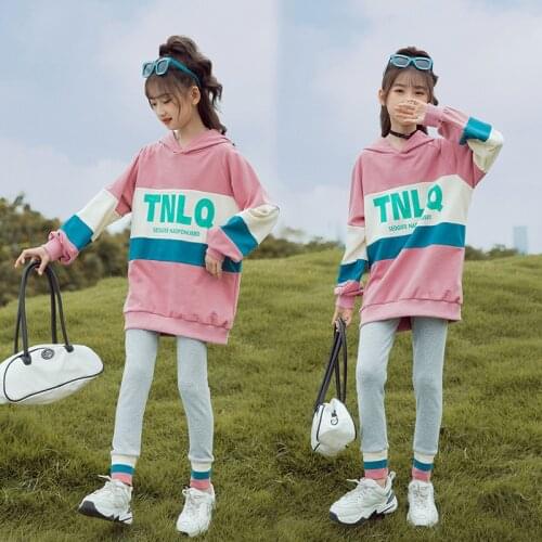 Girl Spring Autumn Sets 2021 Childrens Cotton Fashion Letters Hoodie Sweater+ Color Rib Hem Leggings Clothing Sets Clothes Girl