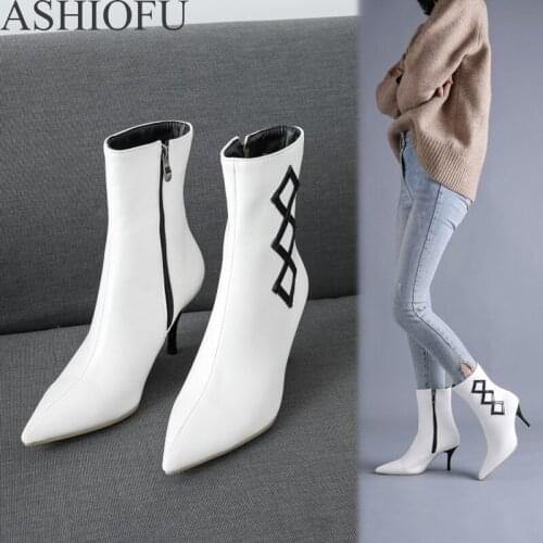 ASHIOFU New Hot Sale Womens High Heel Boots Pointed Toe Club Party Short Boots Fashion Martin Boots Large Size Shoes