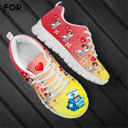 FORUDESIGNS Gradient Style 3D Nurse Design Pattern Women Flats Shoes Casual Sneakers Summer Air Mesh Lace-up Ladies Shoes Woman