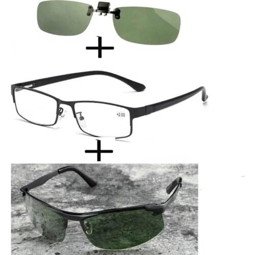 3Pcs!!!rectangular Metal Black Business Reading Glasses Men Women + Polarized Sunglasses Sports Ultraligero + Sunglasses Clip