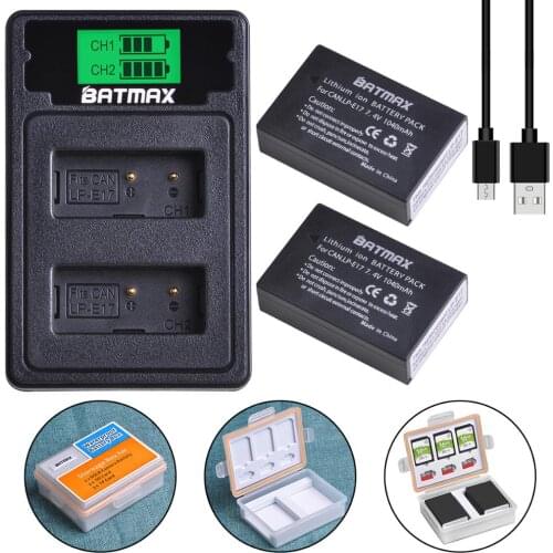 Batmax 2pcs LP-E17 LPE17 LP E17 Battery with battery box+LCD Dual USB Charger for Canon EOS T6i 750D T6s 760D 800D M3 M5 8000D