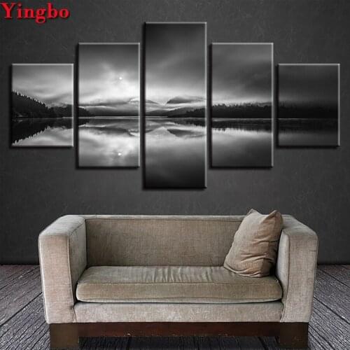 Diy round square Diamond Embroidery 5 Pieces Forest Lake Landscape Cross Stitch Full Diamond Painting Mosaic Black And White Art