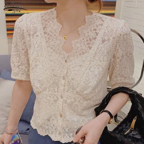 Korean Sweet Short Sleeve Apricot Tops Fashion Floral Loose Ladies Shirt Blusas Summer New Chic Hollow V-neck Blouse Women 13920