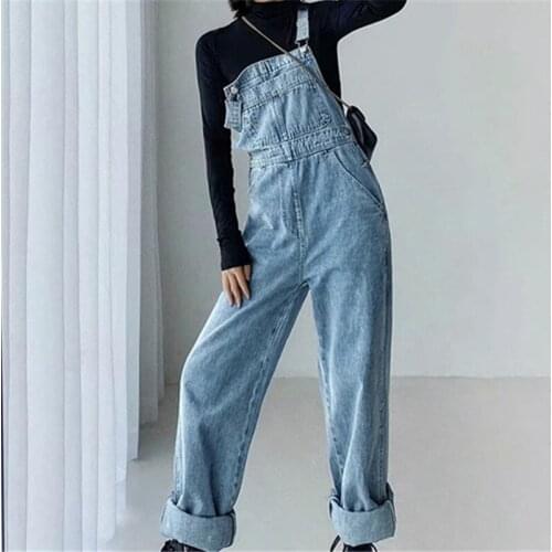 High Waist Denim Overalls Women Fashion Casual Streetwear Straight Wide Leg Denim Trousers Women Floor Length Blue Black Jeans