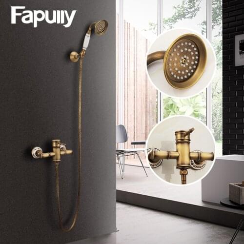Fapully Antique Brass Shower Faucets Set with Rainfall Shower Single Handle Mixer Tap Swivel Tub Spout Bath Shower HS127-55A-01