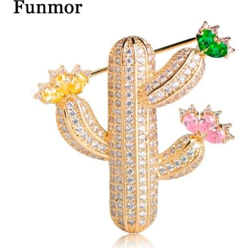 Funmor Micro Pave CZ Cactus Flower Brooches For Kids Lady Copper Plant Corsage Suit Scarf Dress Decoration Harajuku Pins Badge