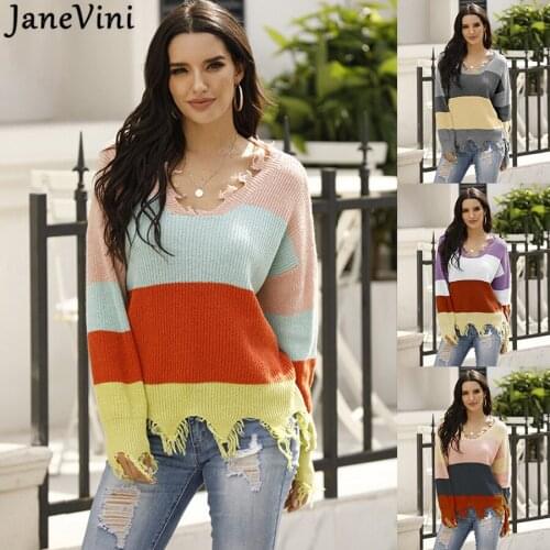JaneVini Contrast Spliced Women Sweaters and Pullovers Fashion Ladies V-Neck Spring Long Sleeve Loose Jumper Pullover Streetwear