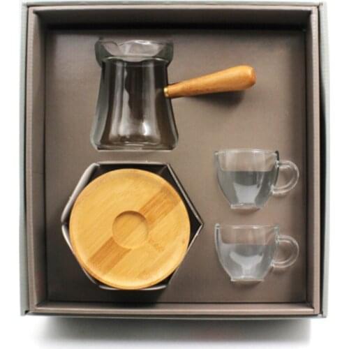 Borosilicate Glass Coffee Pot and Bamboo Plate Cup Set, Turkish Coffee Preparation Set