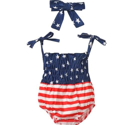 Baby Girl’s Tie-up Suspender Romper Fashion Independence Day Print Jumpsuits and Headband