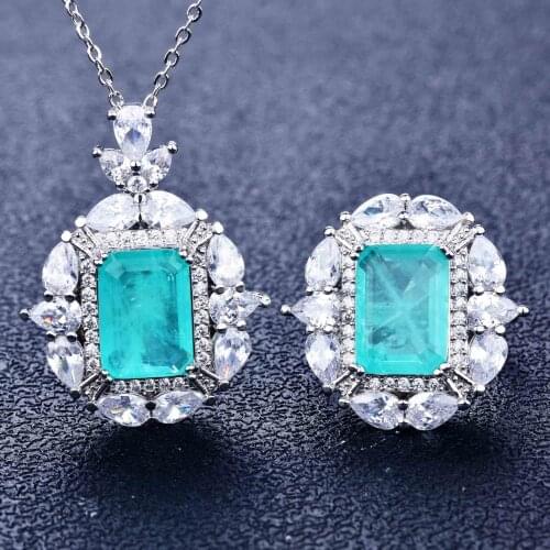 QTT Womens Jewelry Necklace Ring Set Paraiba Tourmaline Gemstone 925 Sterling Silver Pendant Necklace Rings Jewelry Party Gift