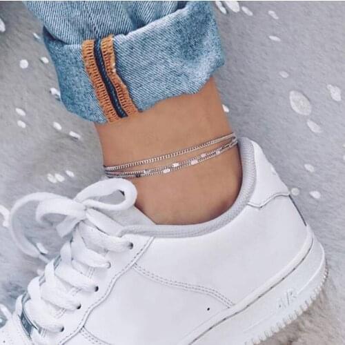 Multilayer Women 2020 Silver Color Anklets Simple Geometry Barefoot Crochet Sandals Foot Jewelry 3 Layer Foot Bracelet Anklets