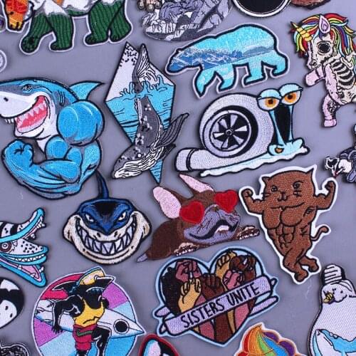 Muscle Shark/Cat Patch Punk Applique Clothing Patches On Clothes DIY Dog Bear Skull Unicorn Iron On Patches Animal Stripes Badge