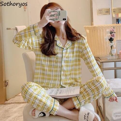 Pajama Sets Plaid Spring Autumn Thin Long Large Size Loose Womens Korean Style Leisure Homewear Sleepwear Turn-down Collar New
