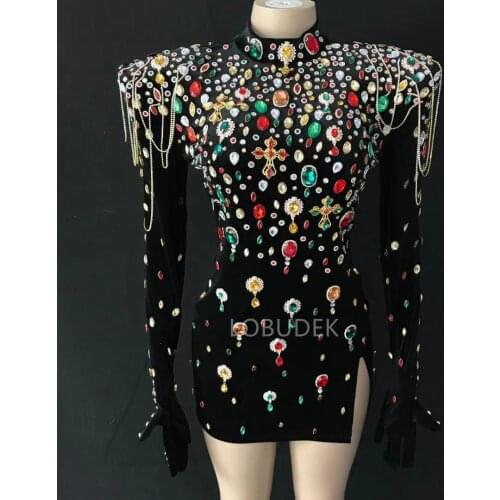 Multi-color Crystals Stones Velvet Slit Mini Dress Fashion Evening Party Rhinestones Wrap Hips Short Dresses Sexy Stage Costume