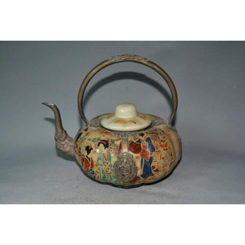 Rare Old Qing Dynasty silver&porcelain teapot,melon type,painting beauty, with mark, Free shipping