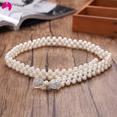 Molans Rhinestone Belts for Women Pearl Belt Waist Belt Elastic Buckle Pearl Chain Belt Female Girls Dress Strap Wedding