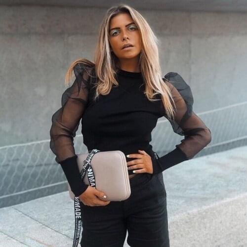 Sexy Women See-through Mesh Lace Puff Long Sleeve Female O neck Knitted Patchwork Crop Top Shirts