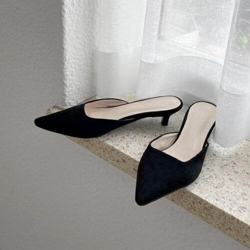 LAASIMI 2020 Summer Flock Women Slippers Ladies Pointed Toe Outside Shoes Woman Solid Shallow Med Heeled Slides For Women Shoes