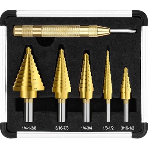 6pcs HSS Titanium Coated Step Drill Bit With Center Punch Drill Set Hole Cutter Drilling Tool Kit Set of Tools for DrillPro New