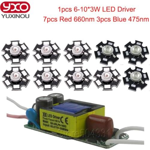 7pcs 3w deep red led 660nm 3pcs 3w blue 475nm+1pcs 6-10x3w 600mA led driver diy 30w led grow light for plants lamp