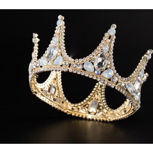 Gold Color Big Round Crowns Baroque Tiara Crown Crystal Wedding Party Hair Accessories Queen Princess Diadem Bridal Cake Topper